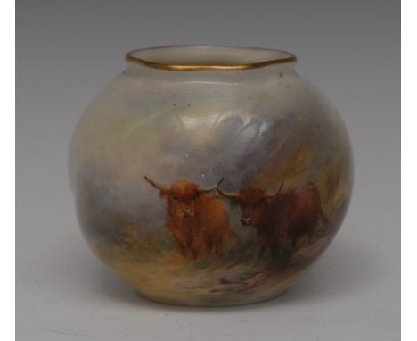 A Royal Worcester wyvern fluted ovoid vase, painted by Harry Stinton, signed, with Highland Cattle in a mountainous landscape