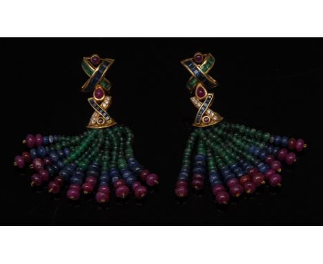 A pair of emerald, sapphire, diamond and ruby drop earrings, double graduated cross body encrusted with emeralds, blue sapphi