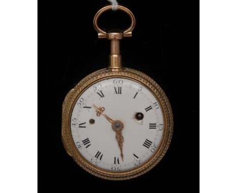 An 18th century continental 18ct gold and enamelled open face fob watch, cream enamel dial, Roman numerals, minute track with