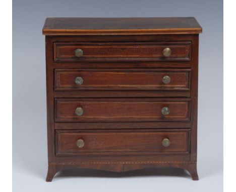 A George III mahogany miniature chest of four long graduated cockbeaded drawers, rosewood crossbanded oversailing top, outlin