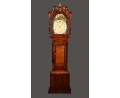 A George III mahogany longcase clock, the 33 cm arched enamel dial inscribed Hallam. Nottingham, Arabic numerals, the arch pa