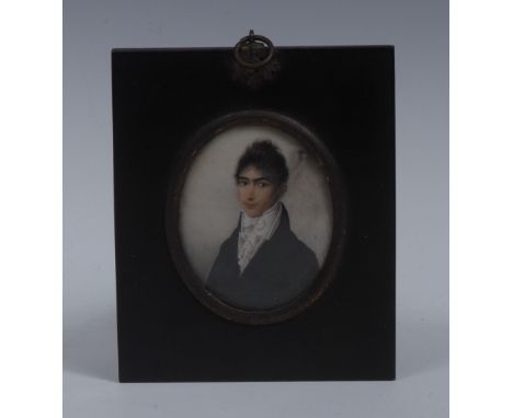 English School (early 19th century), portrait miniature, of a young gentleman, bust-length, dark hair and eyes, white stock, 