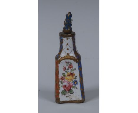 A South Staffordshire enamel scent bottle and stopper, of waisted square form, decorated with flowers and alternating bands i