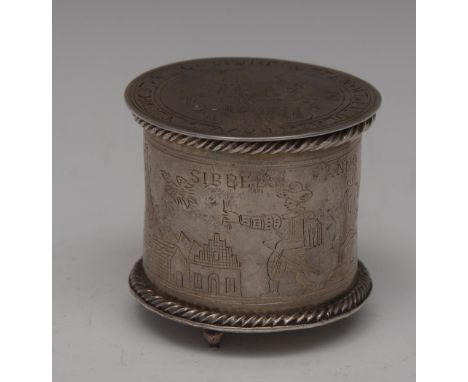 A Dutch silver circular marriage box, push-fitting cover engraved with a betrothed couple and inscribed Anno 1659 Beloften WT