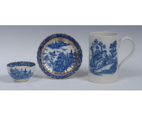 A Caughley cylindrical mug, printed in underglaze blue with La Peche and La Promenade Chinoise, 8.5cm high, c.1770;  a Caughl