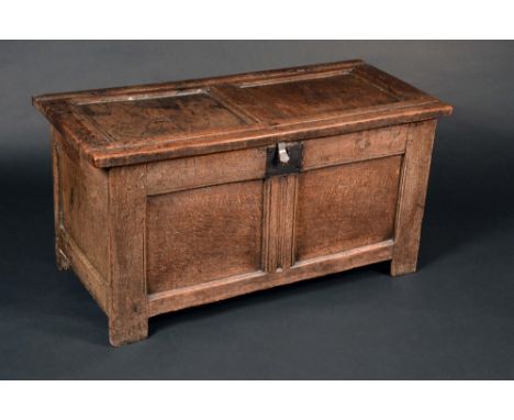 An early 18th century oak two-panel blanket chest, of small proportions, hinged top, stile feet, 51cm high, 101cm wide, c.170