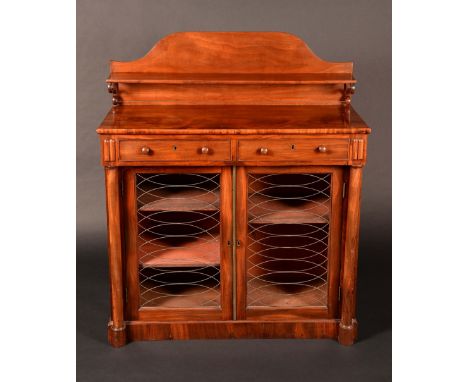 A George/William IV mahogany chiffonier, low superstructure with arched cresting, rectangular shelf and niche flanked by pier