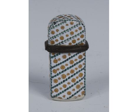 A George III South Staffordshire enamel rounded rectangular scent bottle case, decorated with spiralling bands of leafy stems