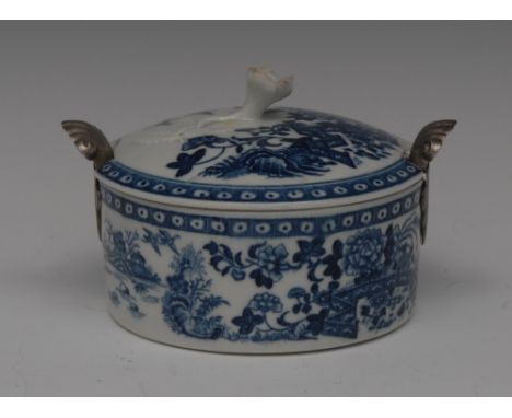 A Worcester blue and white Fence pattern butter dish and cover, printed with fence, chrysanthemums and blossoming branches, d