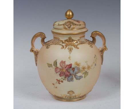 A Royal Worcester ovoid pot pourri vase, printed and painted with flowers and foliage, in colours on a blush ivory pierced ne