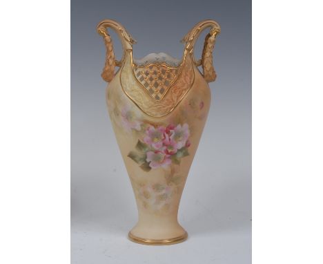 A  Graingers Worcester two-handled Empress vase, decorate with blossom, on a blush ivory ground,  pierced neck and in relief 