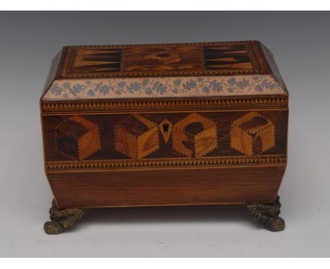 A Victorian rosewood and Tunbridge Ware sarcophagus tea caddy, the hinged cover and frieze veneered with tumbling blocks, the