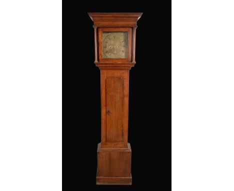 A mid-18th century oak longcase clock, 30cm square brass dial inscribed Samuel Hollyer, London, Roman and Arabic numerals, le