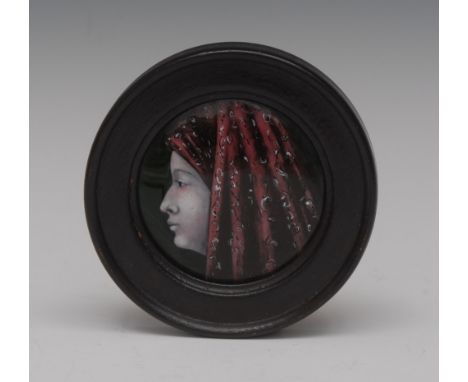 A Limoges circular enamel plaque, of lady wearing a red khimar,  7.5cm diam, ebonised frame