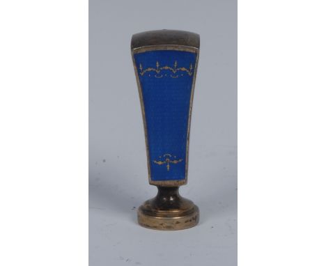 An early 20th century gilt silver coloured metal and enamel desk seal, the engine turned sides decorated in tones of blue and