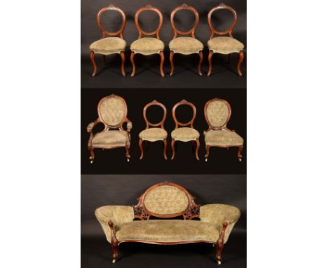 A Victorian walnut harlequin nine-piece salon suite, comprising a sofa, lady's and gentleman's chairs and six side chairs, ca