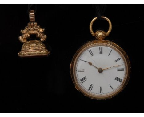 A George III 18ct gold open faced pocket watch, ornate floral banded case sides, white enamel dial, Roman numerals, minute tr
