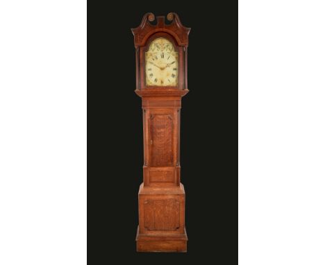 A George IV oak and mahogany longcase clock, 29cm arched dial inscribed Whitehurst & Son, Derby, Roman numerals, 30-hour move