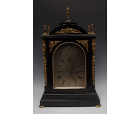 A substantial Victorian ormolu mounted ebonised bracket clock, in mid-18th century style, 20cm arched silvered dial inscribed