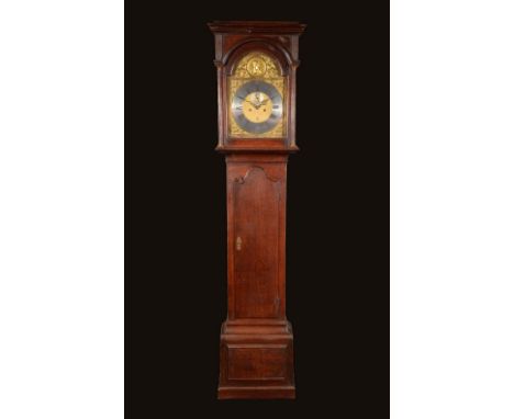 A George II oak longcase clock, 33cm arched brass dial with silvered chapter ring, inscribed Andrew Dickie, Edinburgh, the ar