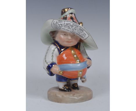 A Royal Crown Derby Mansion House dwarf, decorated by L Purdy, standing, wearing a broad brimmed Imari hat, orange shirt, azu