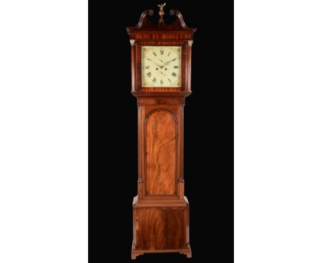 A George III mahogany longcase clock, 36cm square enamel dial inscribed with Roman and subsidiary Arabic numerals, gilt pater