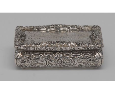 A William IV silver bowed rounded rectangular snuff box, hinged cover, the border and sides chased with a profusion of flower