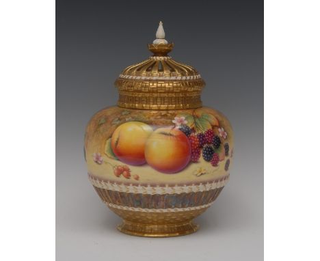 A Royal Worcester ovoid pot pourri vase and cover, painted by P Platt, signed, with ripe fruit on a mossy bank, the reticulat