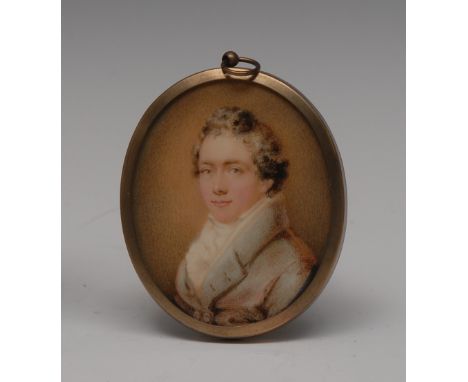 Miss L. Sharpe (early 19th century), portrait miniature, of J H Robinson, Aged 21, bust-length, wearing white stock and frock