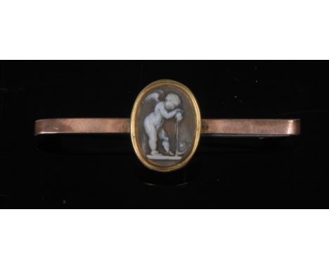 A 19th century carved cameo bar brooch, central panel of a cherub resting upon an adz, oval frame, rose gold mount and bar, s