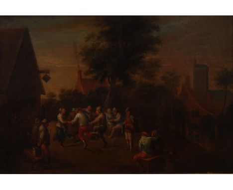 Dutch School (early 18th century)Peasants Making Merry and Dancing Before the Tavernoil on copper panel, 19cm x 25cm, the ver