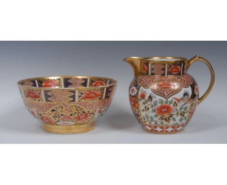 A Spode wash jug and bowl, decorated in the Imari palette, with stylised flowers and scrolls, the jug 20cm high, pattern no.1