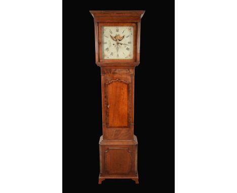 A George oak and mahogany longcase clock, 34cm square enamel dial inscribed with Roman and subsidiary Arabic numerals, rollin