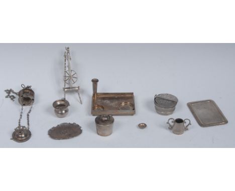 Silver Toys - a continental silver coloured metal coppered pail, 3cm diam;  other miniatures, cooking pot, Moorish lantern;  