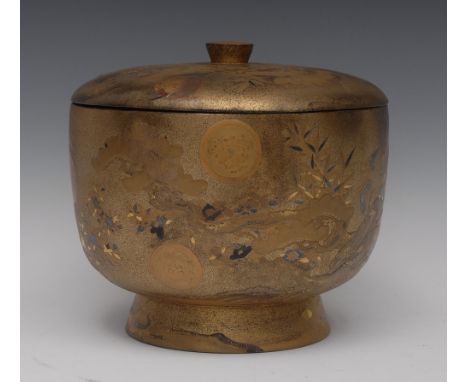A large Japanese lacquer circular bowl and cover, decorated in hiramakie, okibirame and takamakie with kranes and lizards, in