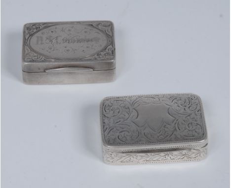 A late Victorian silver rounded rectangular snuff box, inscribed R. Knox, chased with foliage and scrolls, the sides plain, h