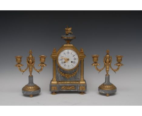 A French grey marble and ormolu clock garniture, 11cm diam with Roman numerals, Lemerie Charpentier & Co, 8 Rue Charlot, Pari