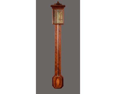 A 19th century mahogany stick barometer, 15.5cm x 11cm brass register, leafy scroll pierced cresting, canted rectangular cist