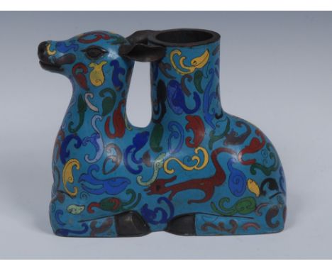 A Chinese cloisonné enamel spill vase, modelled in the archaic taste as kneeling deer, 18cm long 