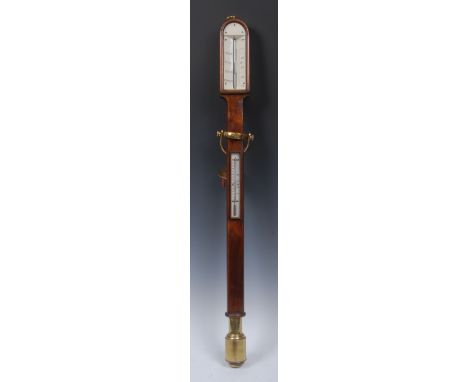 A late 19th century rosewood ships barometer, 17.8cm  ivorine scale, ivorine mercury thermometer, the arced case with ring lo