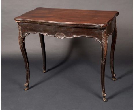 A 19th century mahogany serpentine card table, folding top enclosing an inset baize lined playing surface, counter wells to a