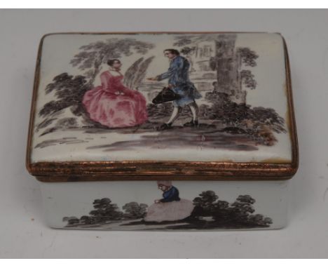 A George III South Staffordshire enamel rounded rectangular table snuff box, the hinged cover painted in polychrome and grey 