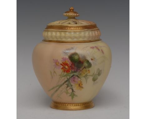 A Royal Worcester ovoid pot pourri vase and cover,  printed and painted in the style of Edward Raby, signed,  with thistles, 