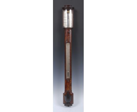 An  English Regency flame mahogany and ebony strung stick barometer,  silvered 16.8cm scale, signed Dollond/London, bowed gla