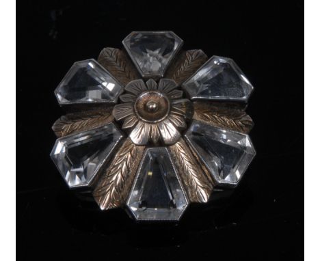 Sybil Dunlop - an Arts and Craft silver and rock crystal target flower brooch, marked S Dunlop, 37mm diam, London, c.1925