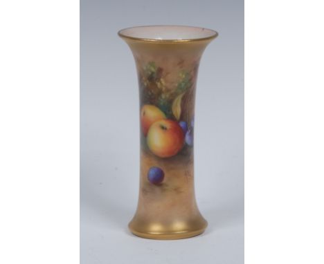 A Royal Worcester flared cylindrical vase, painted by Albert Shuck, signed, with ripe apples and blueberries, on a mossy bank