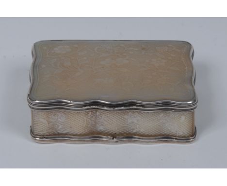 An 18th century Chinese silver mounted mother of pearl shaped rectangular table snuff box, hinged cover, the panels carved th