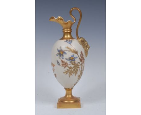 A Royal Worcester pedestal ovoid ewer, printed and painted with wild flowers and foliage, high scroll handle, satyr mask term