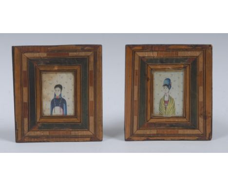 A pair of Napoleonic Prisoner-of-War portrait miniatures, of an army officer and his sweetheart, half-length, he in uniform, 