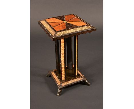 An Anglo-Indian specimen wood and porcupine quill occasional table, the square top with exotic timber segments centred by a r